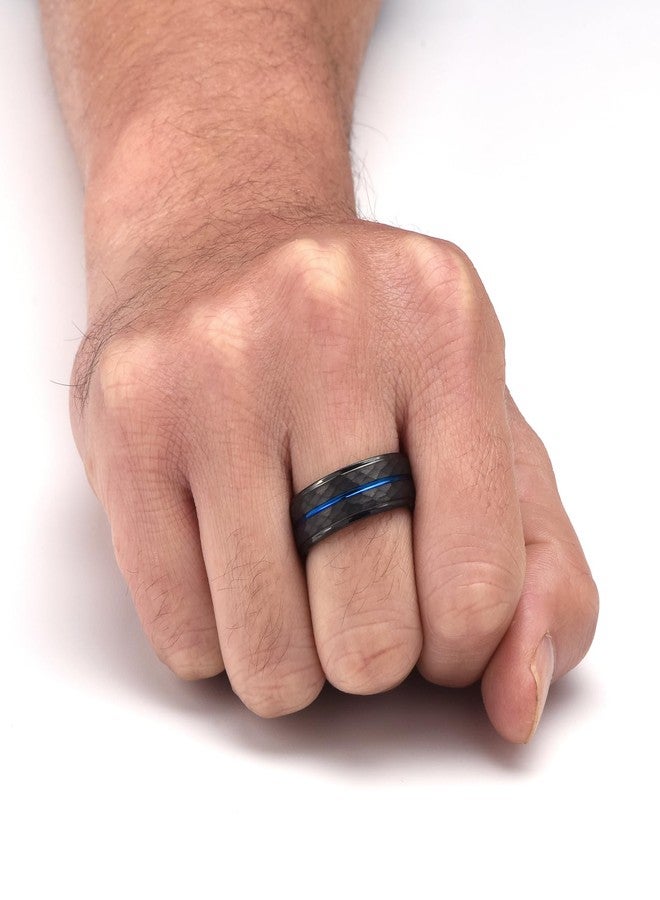 Tioneer Mens Tungsten Carbide Wedding Bands Wedding Rings for Men Hammered Finish Promise Engagement Pinky Rings Comfort Fit Size 10 Black - Image 2
