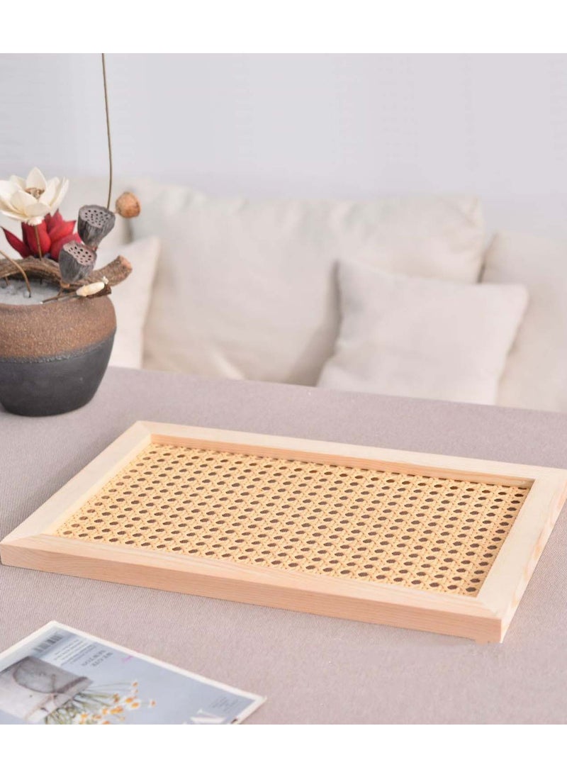 YIM-VIBEHAUS Rectangle Serving Tray with Imitated Rattan, Basket Serving Tray with Wooden Frame for Coffee, Breakfast, Food, Drink, Make Up  Decorative Trays 32 x 23 x 2 cm  - Image 1