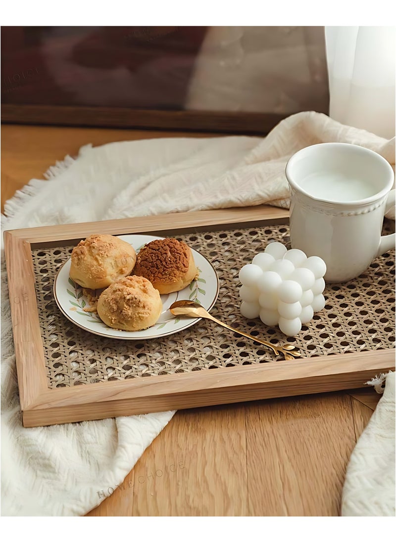 YIM-VIBEHAUS Rectangle Serving Tray with Imitated Rattan, Basket Serving Tray with Wooden Frame for Coffee, Breakfast, Food, Drink, Make Up  Decorative Trays 32 x 23 x 2 cm  - Image 3
