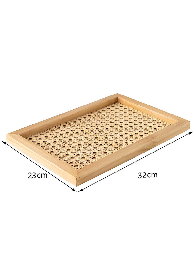 Rectangle Serving Tray with Imitated Rattan, Basket Serving Tray with Wooden Frame for Coffee, Breakfast, Food, Drink, Make Up  Decorative Trays 32 x 23 x 2 cm