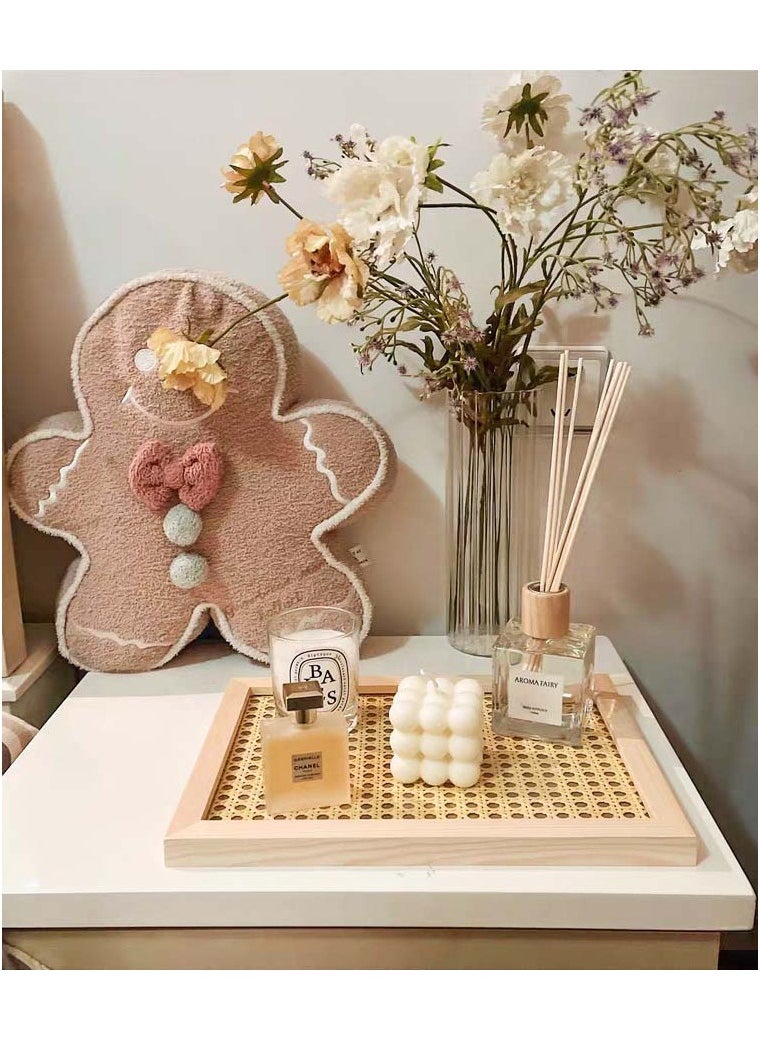 Rectangle Serving Tray with Imitated Rattan, Basket Serving Tray with Wooden Frame for Coffee, Breakfast, Food, Drink, Make Up  Decorative Trays 32 x 23 x 2 cm