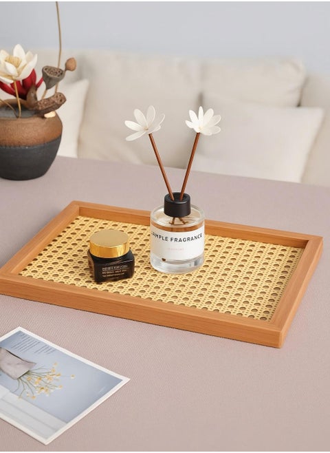 Rectangle Serving Tray with Imitated Rattan, Basket Serving Tray with Wooden Frame for Coffee, Breakfast, Food, Drink, Make Up  Decorative Trays 32 x 23 x 2 cm