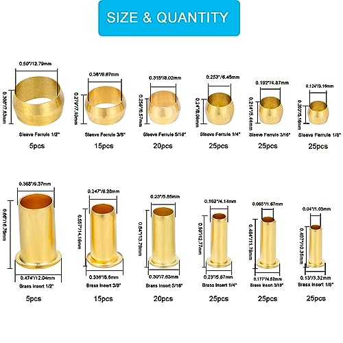 Breezliy Compression Fittings Assortment kit-6 Sizes(1/8"3/16" 1/4" 5/16" 3/8" 1/2") Brass Compression Sleeves Ferrules & Insert,used to connect lines for air,water,fuel,oil and inert gases - Image 2