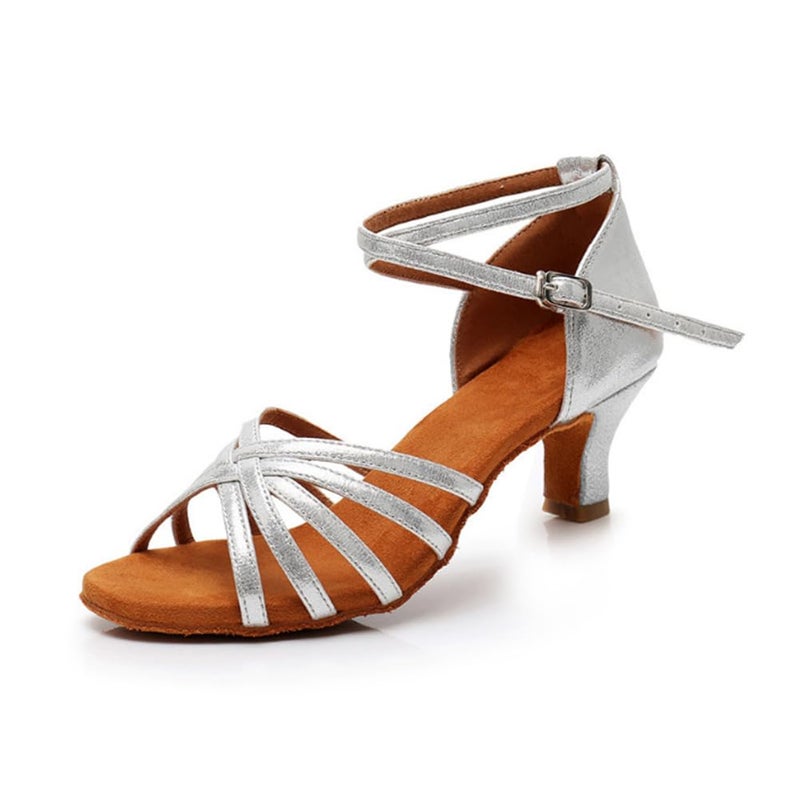 MSMAX Women Latin Dancing Shoes Silver Mid Heel Character Ballroom Dance Shoe for Women 10 M US Women