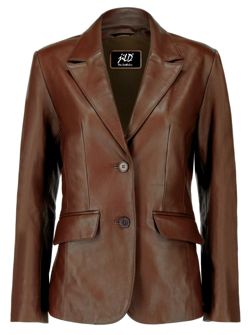 Jild Classic 2Button Lambskin Leather Blazer Women Casual Coat Long Sleeves Suit Style Leather Jacket Women LCBrnXL