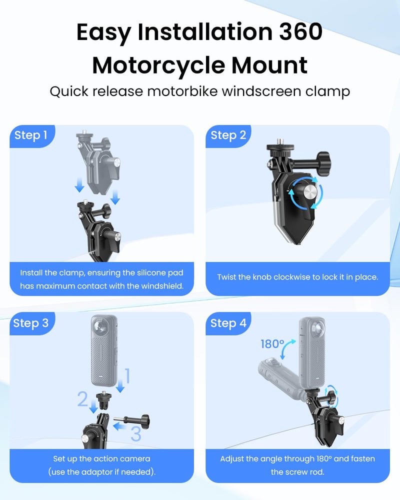 Maectech Motorcycle Windshield Clip Camera Mount for Insta360 X5/X4/X3 for GoPro for DJI Osmo Action Motorcycle Mount Clamps for Insta360 X5 Accessories - Image 4