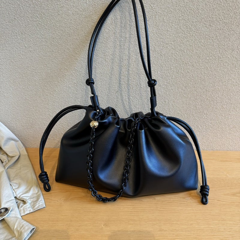 Drawstring Lucky Bag Genuine Leather Women'S Bag Shoulder Crossbody Exquisite Women'S Bag Hand Bag Pleated Chain Bag - Image 1