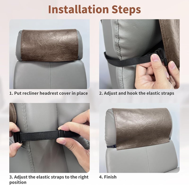 SCNK Recliner Headrest Protector-Faux Leather Headrest Covers for Recliners with Elastic Straps 17 x 27 in(Brown) - Image 4