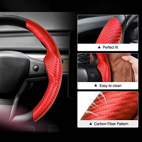Canvcle Steering Wheel Cover for Tesla Model 3Model Y Accessories Carbon Fiber Steering Wheel Cover Protector AntiSlip Comfortable Grip Breathable Model 3Y Accessories Red - Image 3
