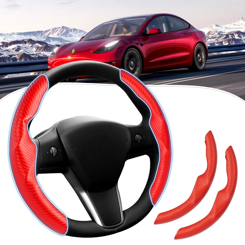 Canvcle Steering Wheel Cover for Tesla Model 3Model Y Accessories Carbon Fiber Steering Wheel Cover Protector AntiSlip Comfortable Grip Breathable Model 3Y Accessories Red - Image 2
