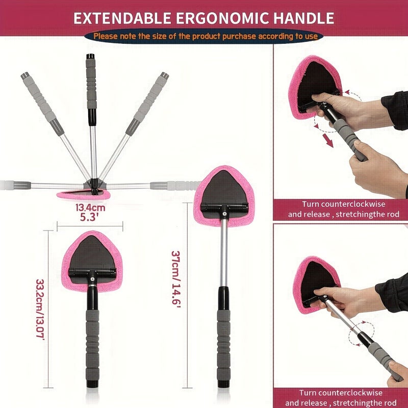 Pink Set of 3 Car Windshield Cleaning Brushes Ultra Fine Fiber Telescopic Glass Cleaner - Image 3