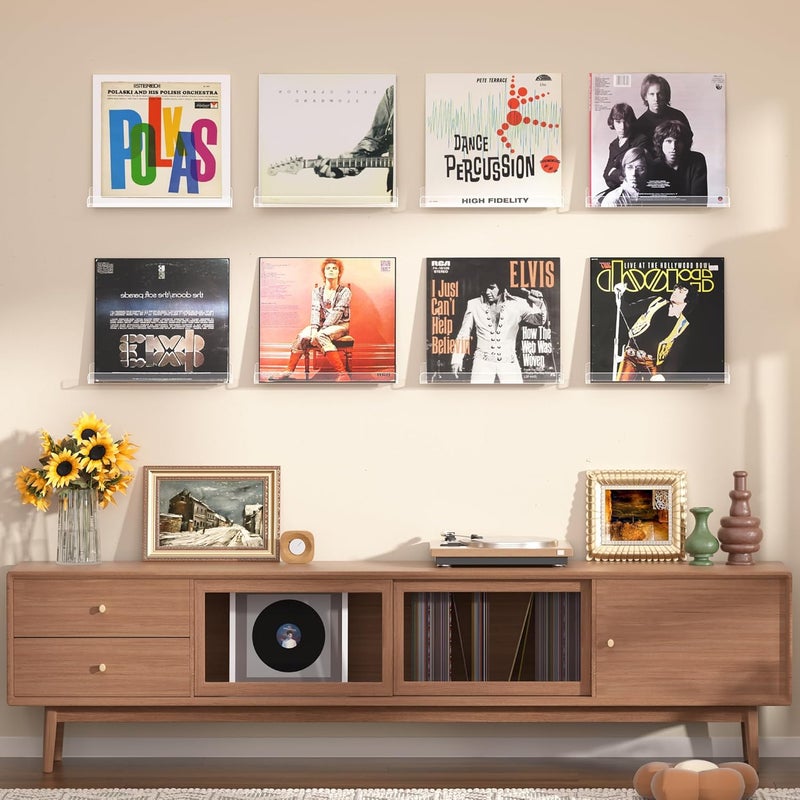 upsimples 8 Pack Vinyl Record Wall Mount Shelves, 12" Vinyl Holder for Album Record Storage & Display, Clear Acrylic Floating Shelves for Wall Decor, Kids Bookshelf, Magazine Rack, Picture Ledge - Image 2