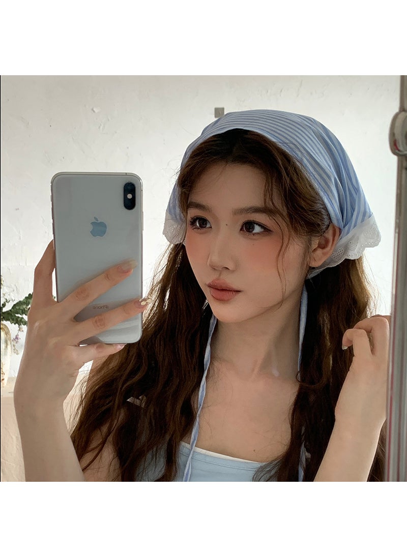 Generic - Elegant French Lace Hairband Summer Travel Beach Scarf blue thick stripes - Image 1
