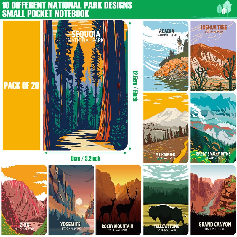 Sureio 20 Pack National Park Mini Notebook Pocket Adventure Notebook Memo Book Mountain Art Prints Small Notepad for Adventure Seekers, Hikers, Travellers, 3.2 x 5 Inches,10 Styles - Image 3