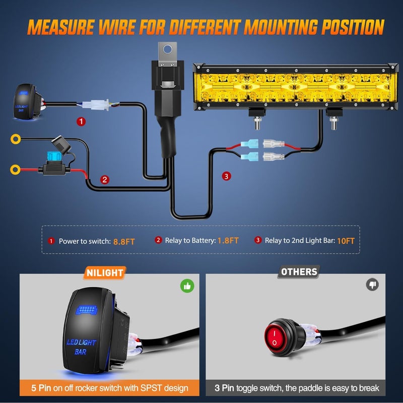 Nilight Led Light Bar 12 Inch Amber 300W Spot Flood Combo Waterproof Triple Rows Off Road Fog Light with 5Pin Rocker Switch Wiring Harness Kit-1 Lead, 2 Year Warranty (ZH705) - Image 5