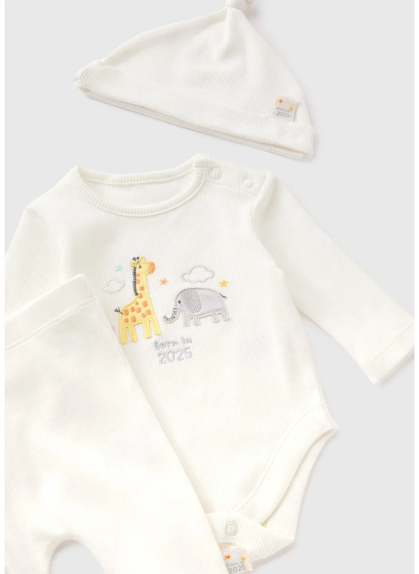 Matalan 3 Piece Baby Cream Born In 2025 Top & Trouser Set