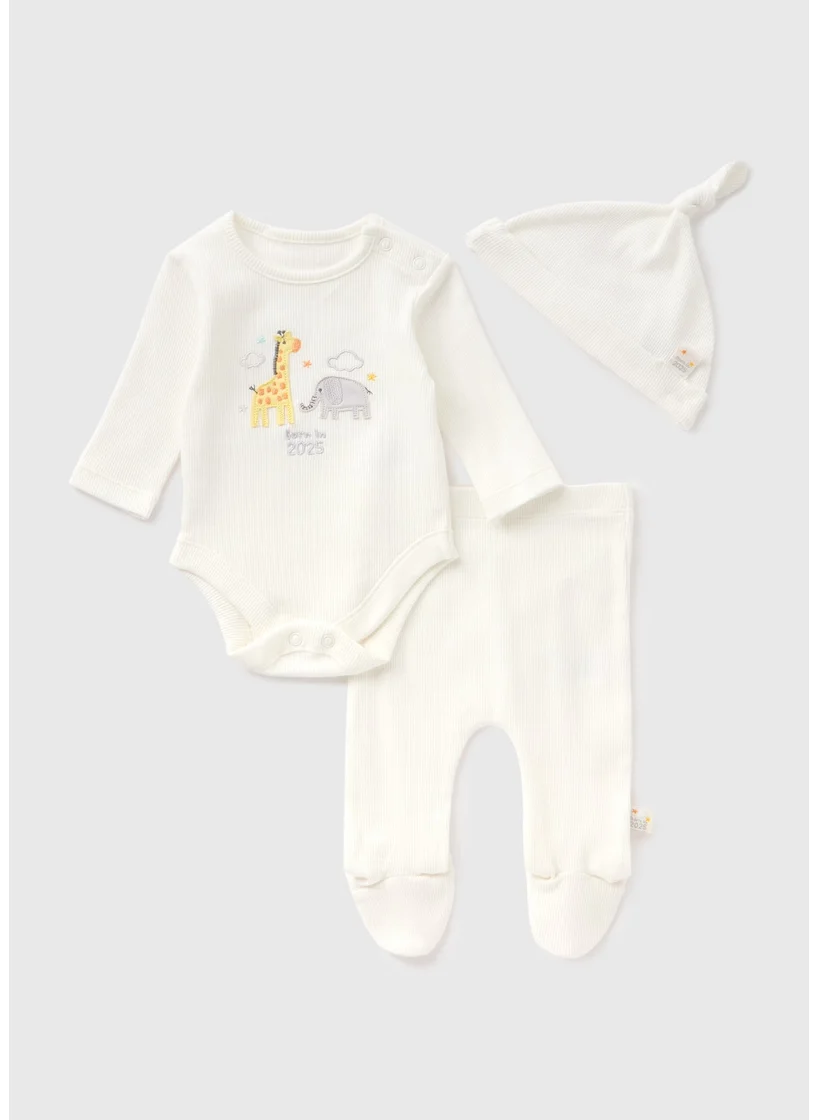 Matalan 3 Piece Baby Cream Born In 2025 Top & Trouser Set