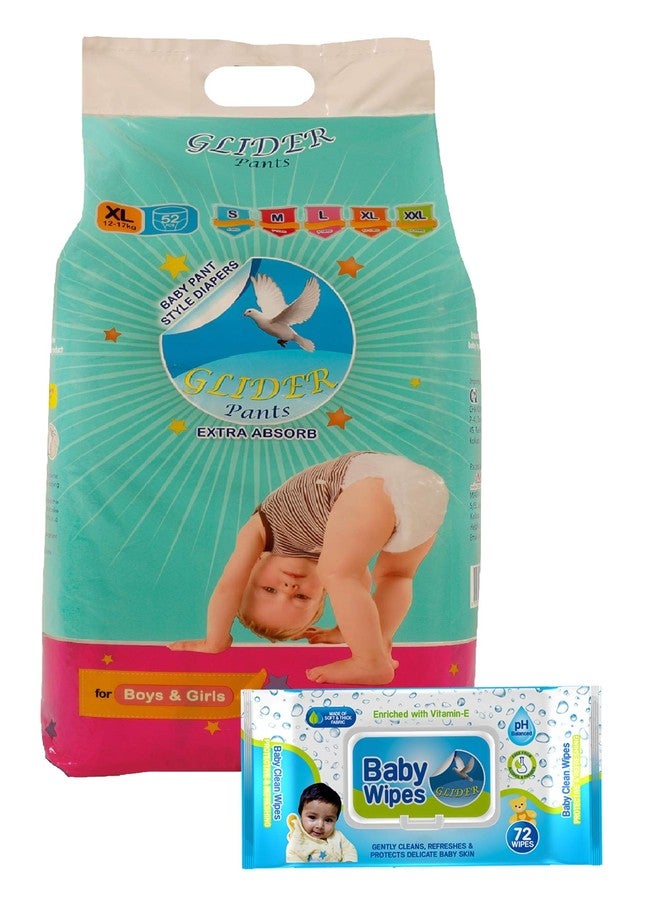 GLIDER Overnight Greater Absorbency Premium Diapers Pants; XL; 52 Count and 72 Baby Wipes Combo Pack - Image 1