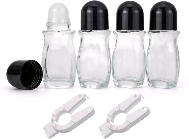 4 Pack 50mL Glass Deodorant Roller Bottles & 2 White Openers, Empty Roll On Bottles Roller Ball Container for Travel Perfume Aromatherapy Essential Oils, Clear with Black Caps