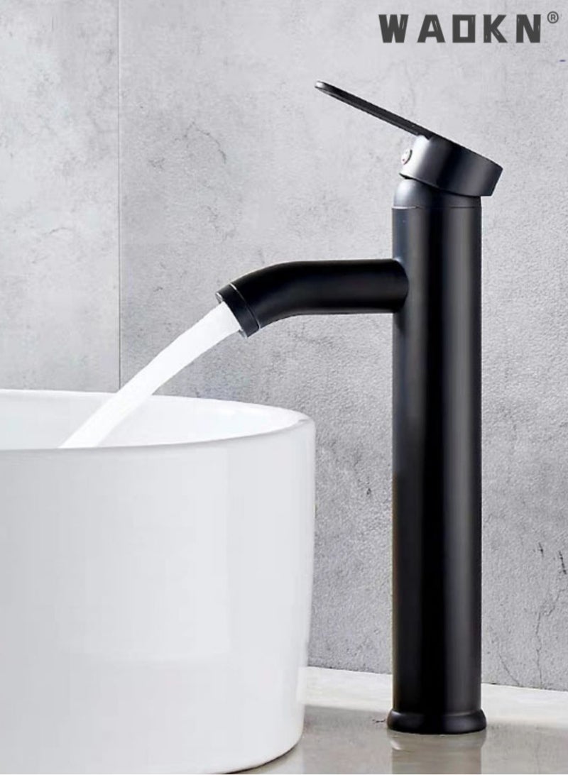 WAOKN Vessel Sink Faucet, Matte Black Waterfall Spout Bathroom Faucet, Tall Single Handle One Hole Bowl Mixer Tap, Waterfall Spout Lavatory Vanity with Pop Up Drain,Single Lever Faucet,Black - Image 1