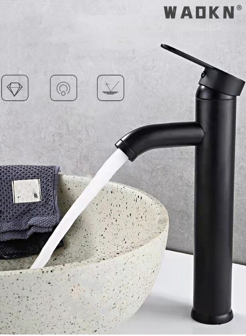 WAOKN Vessel Sink Faucet, Matte Black Waterfall Spout Bathroom Faucet, Tall Single Handle One Hole Bowl Mixer Tap, Waterfall Spout Lavatory Vanity with Pop Up Drain,Single Lever Faucet,Black - Image 2