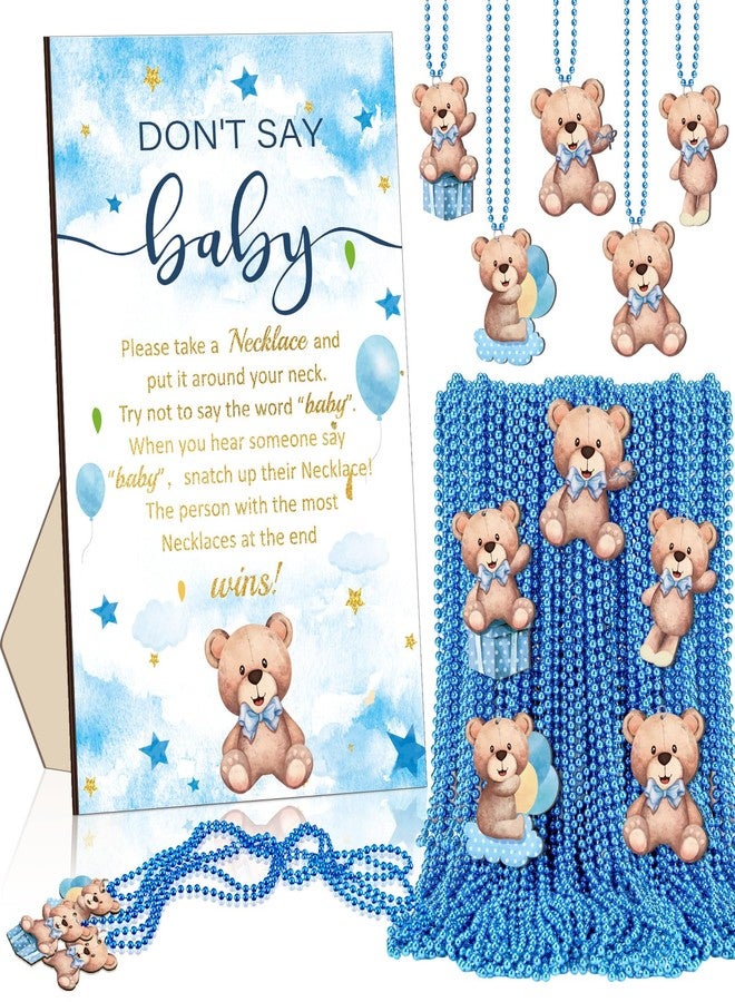 Beeveer 51 Pcs Don't Say Baby Shower Game Supplies Include Wooden Baby Shower Sign and 50 Necklaces for Gender Reveal Party Decor(Blue Bear) - Image 1