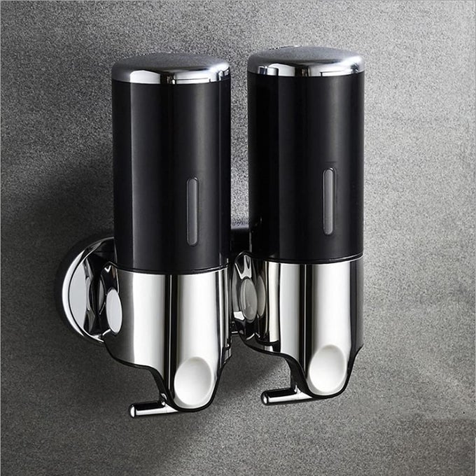 2 CHAMBER WALL MOUNTED BATHROOM SHOWER PUMP DISPENSER AND ORGANIZERHOLDS SHAMPOO SOAP CONDITIONER SHOWER GEL FOR BATHROOM KITCHEN HOTEL BLACK 2 CHAMBER