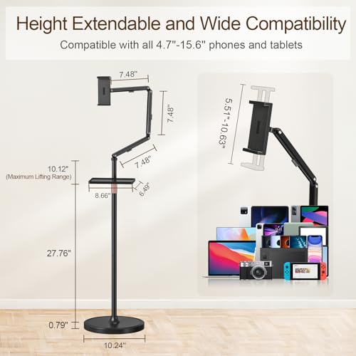 Houele Tablet Floor Stand with Removable Tray, iPad Floor Stand Holder for Bed, Height Adjustable Tablet Mount iPad Holder for 4.7”-15.6” Tablets iPads and Phones - Image 3