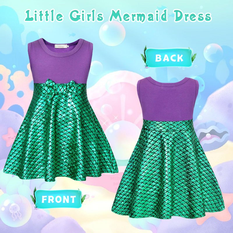 HenzWorld Mermaid Costume Dress Princess Cosplay Birthday Party Sleeveless Tank Tops Blouse Fish Scale Mini Skirt Outfits Bow Halloween Costumes for Girls 6-7 Years - Image 3