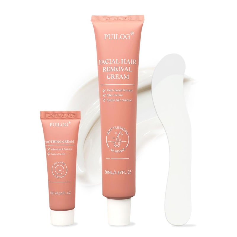 PUILOG Facial Hair Removal Cream Kit for Women Face â€“ Depilatory & Soothing Cream, 4 Min Painless & Flawless Lip Chin Hair Remover, Gentle for Sensitive Skin Hair Removal (1.69 + 0.34 FL Oz) - Image 1