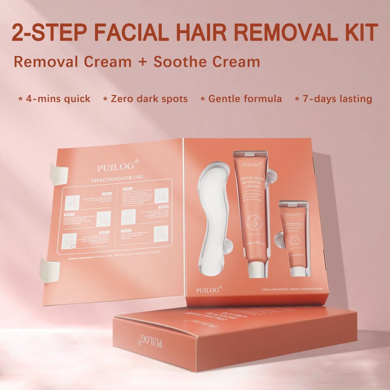 PUILOG Facial Hair Removal Cream Kit for Women Face â€“ Depilatory & Soothing Cream, 4 Min Painless & Flawless Lip Chin Hair Remover, Gentle for Sensitive Skin Hair Removal (1.69 + 0.34 FL Oz) - Image 2