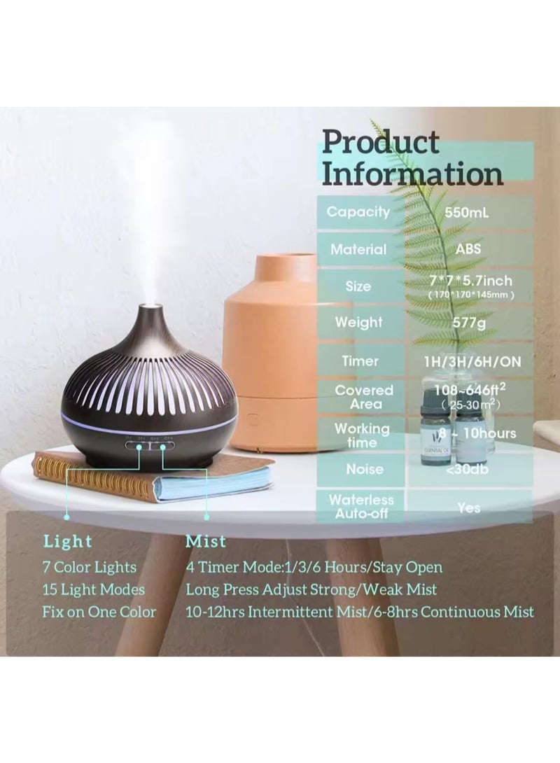 Ultrasonic Electric Essential Oil Diffuser 550ml - Elegant Wooden Shape (Brown/Beige) with Remote Control - 7 Colors LED Light, Timer - Humidifier for Home and Office (Brown) - Image 3