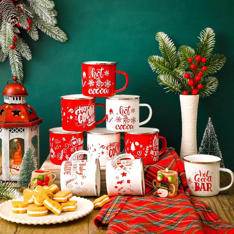 Yaomiao 9 Pcs Hot Cocoa Bar Enamel Mugs with Handles Christmas Coffee Mugs 12 oz Seasonal Enamel Cup Funny Novelty White and Red Tea Cups for Christmas Cute Style - Image 2