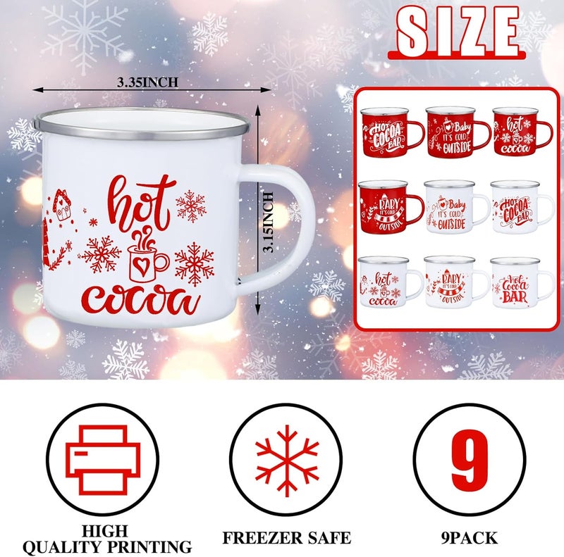 Yaomiao 9 Pcs Hot Cocoa Bar Enamel Mugs with Handles Christmas Coffee Mugs 12 oz Seasonal Enamel Cup Funny Novelty White and Red Tea Cups for Christmas Cute Style - Image 4