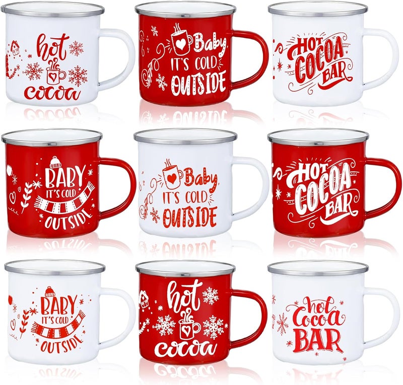 Yaomiao 9 Pcs Hot Cocoa Bar Enamel Mugs with Handles Christmas Coffee Mugs 12 oz Seasonal Enamel Cup Funny Novelty White and Red Tea Cups for Christmas Cute Style - Image 1