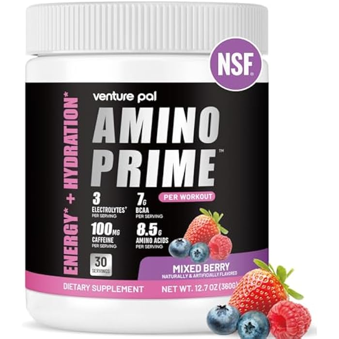 Venture Pal Essential Amino Acid Powder - BCAA Energy Pre Workout for Muscle Recovery Lean Growth and Endurance - Rehydrating Post Workout Recovery Drink with Natural Caffeine - Mixed Berry - Image 1