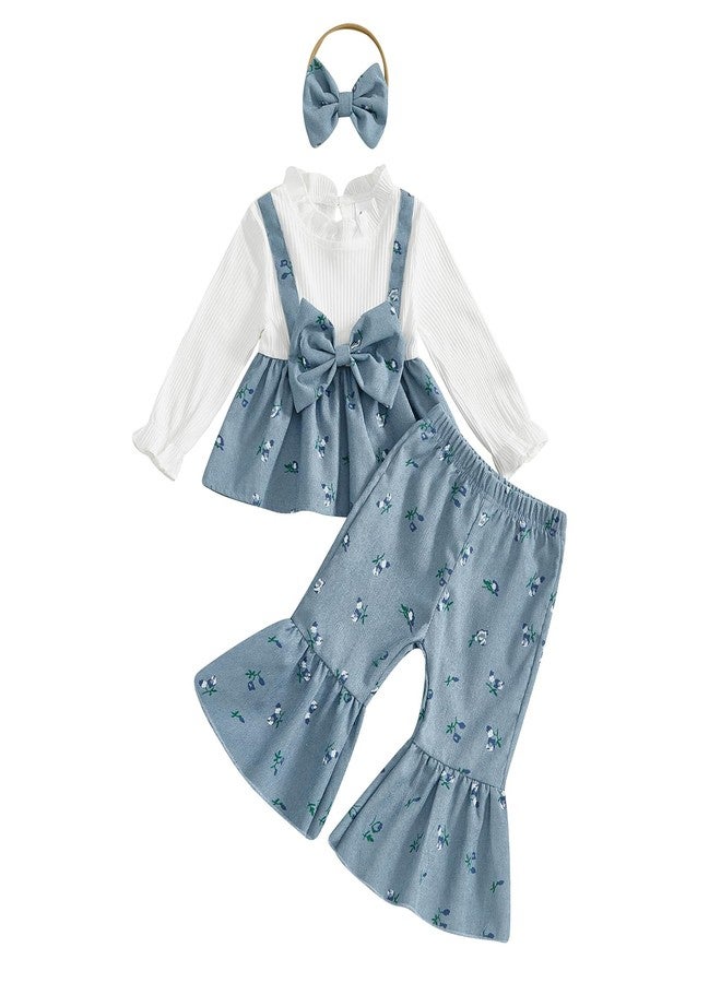 YINGISFITM Toddler Baby Girl Clothes Bow Long Sleeve Tops and Bell Bottoms Spring Outfits 6 12 18 24 Months 2T 3T 4T (Blue, 18-24 Months) - Image 1