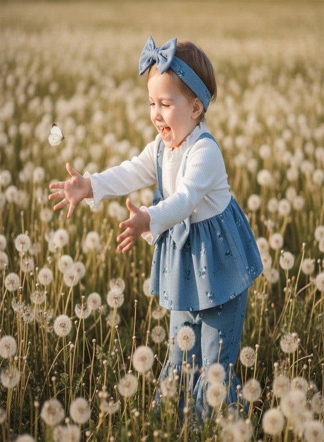 YINGISFITM Toddler Baby Girl Clothes Bow Long Sleeve Tops and Bell Bottoms Spring Outfits 6 12 18 24 Months 2T 3T 4T (Blue, 18-24 Months) - Image 2