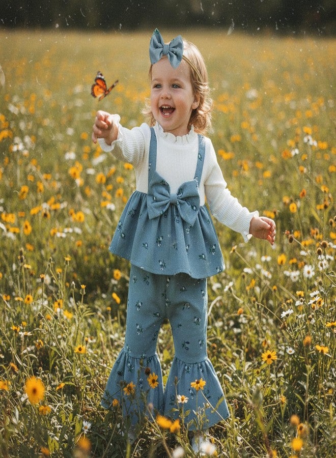 YINGISFITM Toddler Baby Girl Clothes Bow Long Sleeve Tops and Bell Bottoms Spring Outfits 6 12 18 24 Months 2T 3T 4T (Blue, 18-24 Months) - Image 3