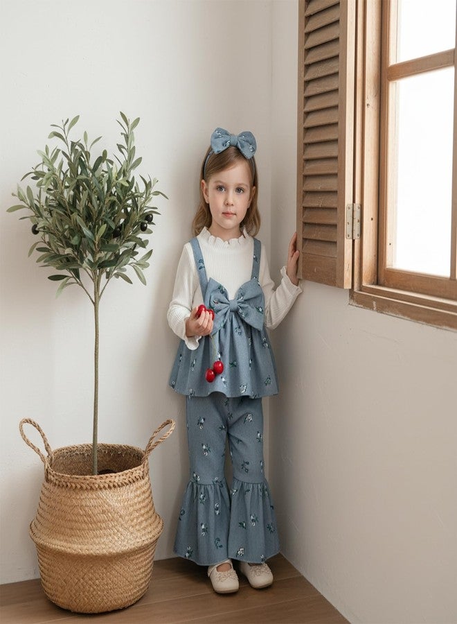 YINGISFITM Toddler Baby Girl Clothes Bow Long Sleeve Tops and Bell Bottoms Spring Outfits 6 12 18 24 Months 2T 3T 4T (Blue, 18-24 Months) - Image 4