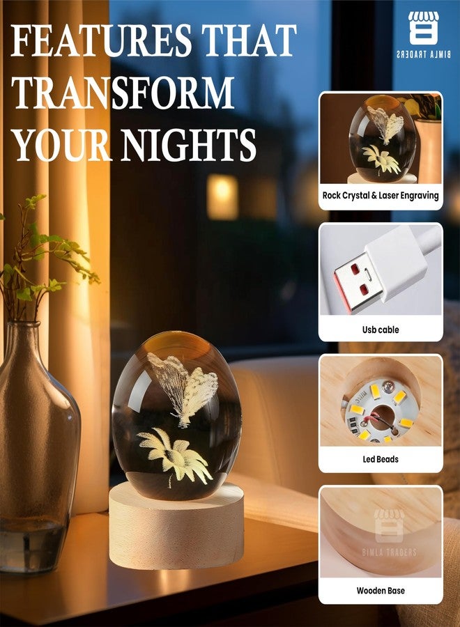 BTfash 3D Crystal Sunflower with Butterfly Night Lamp LED Decoration Table Light with Wooden Stand for Bedside, Home Office Decor (Butterfly Sunflower) - Image 5