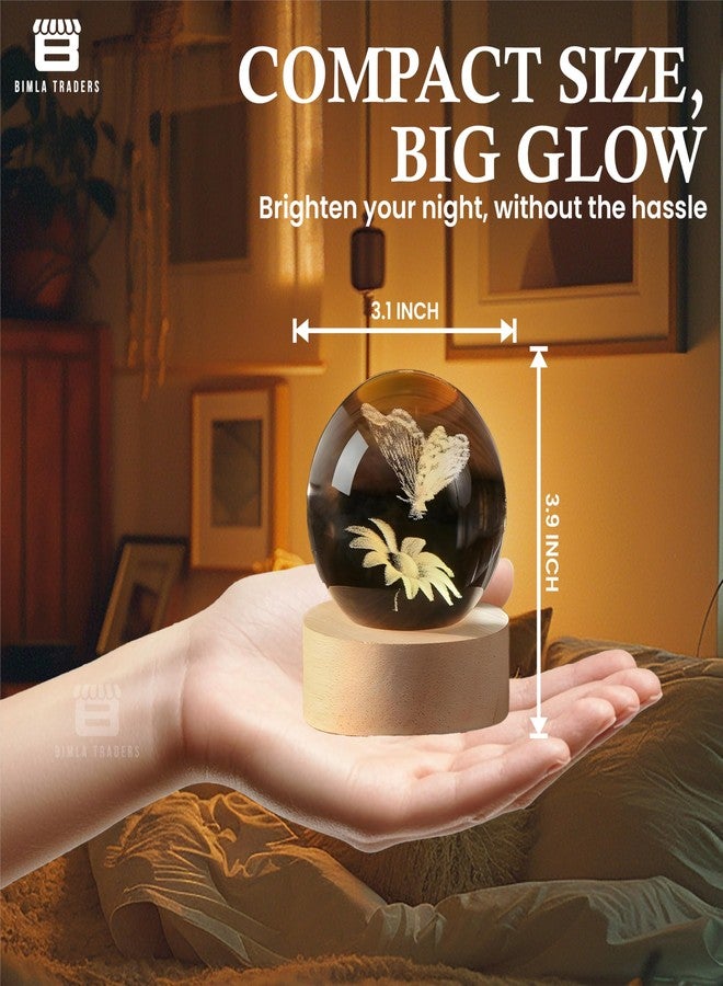 BTfash 3D Crystal Sunflower with Butterfly Night Lamp LED Decoration Table Light with Wooden Stand for Bedside, Home Office Decor (Butterfly Sunflower) - Image 3