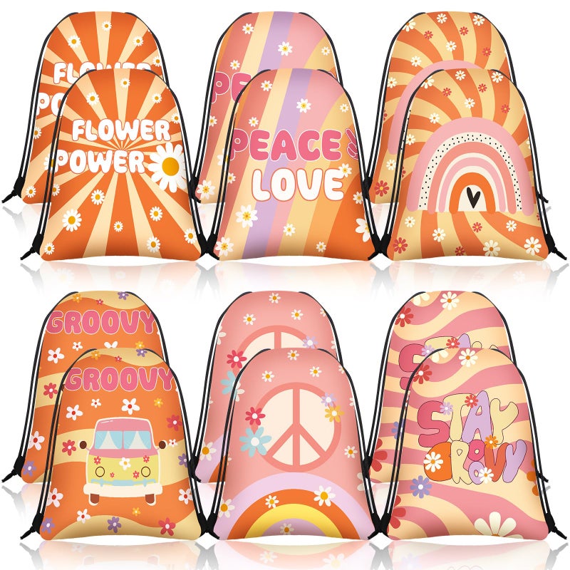 Abbylike 12 Pcs Groovy Party Favors Drawstring Bags Floral Boho Party Favor Drawstring Backpack Hippie Daisy Flower Treat Groovy Goodie Bag for Birthday Shower Wedding Gift Decorations Party Supplies - Image 1