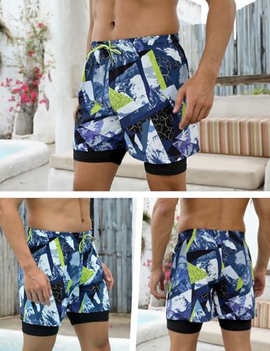 KANAV Mens Swim Trunks with Compression Liner 2 in 1 Quick-Dry Swim Shorts Lined Board Shorts Black/White - Image 3