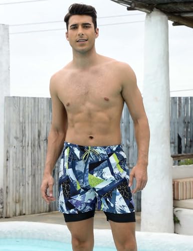 KANAV Mens Swim Trunks with Compression Liner 2 in 1 Quick-Dry Swim Shorts Lined Board Shorts Black/White - Image 2
