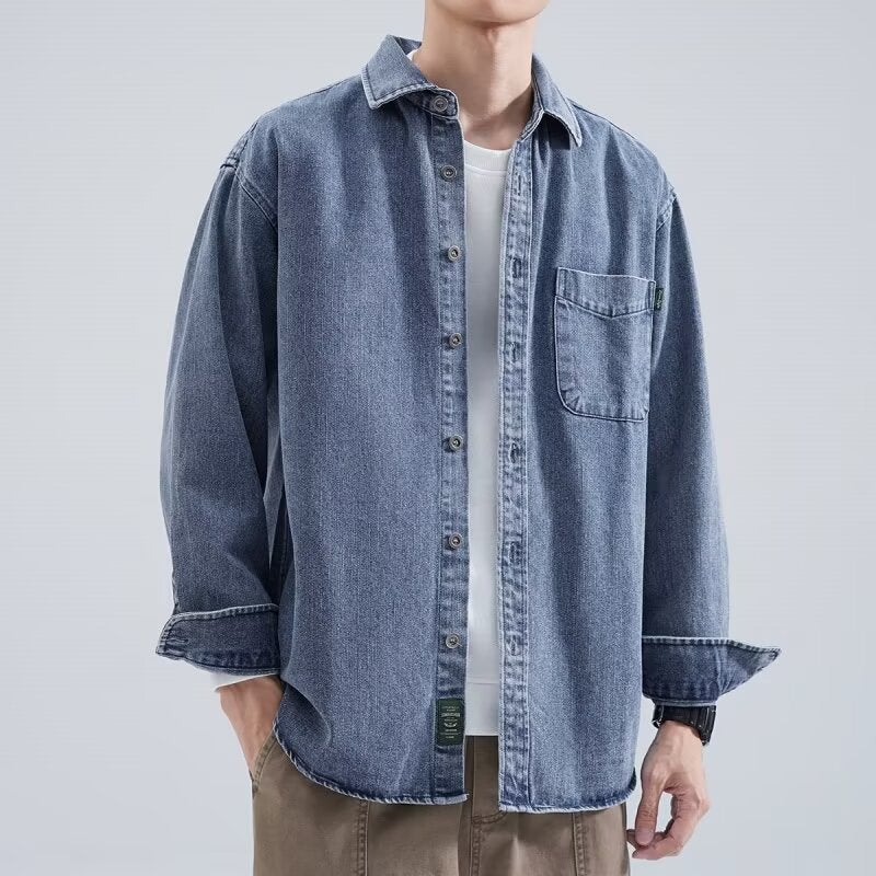 Denim Shirt Men'S Long Sleeve 2025 Japanese Vintage Loose Workwear Shirt Men'S Casual Jacket - Image 1