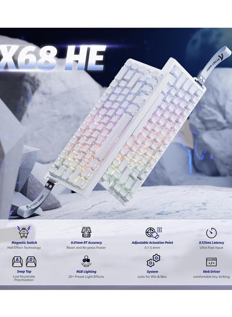 هجوم القرش لوحة مفاتيح ألعاب ATTACK SHARK X68 HE 8KHZ سريعة التشغيل بمفتاح مغناطيسي ودقة 0.01 مم ومعدل استطلاع 8 كيلوهرتز ولوحة مفاتيح RGB سلكية 60% TKL مع تشغيل قابل للتعديل وكابل ملفوف Snap Tap لأجهزة الكمبيوتر الشخصية/ماك (محيط أبيض) - Image 2