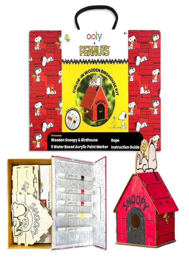 Ooly x Peanuts Snoopy Birdhouse Kit, Build & Paint Wooden Craft with 5 Acrylic Paint Markers, Twine & Instructions, Kids Craft Set Featuring Snoopy & Woodstock - Image 1