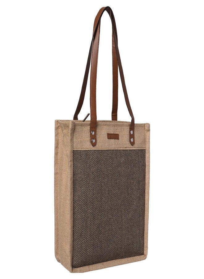 ENSAC Premium Cotton Tote Bag for Women, Stylish Handbag for women with Zip Closure | Fit for Office Bag, College, Travel Use | Handcrafted in India (Cutwork-tote-big) (HARRINGBONE-BROWN) - Image 1