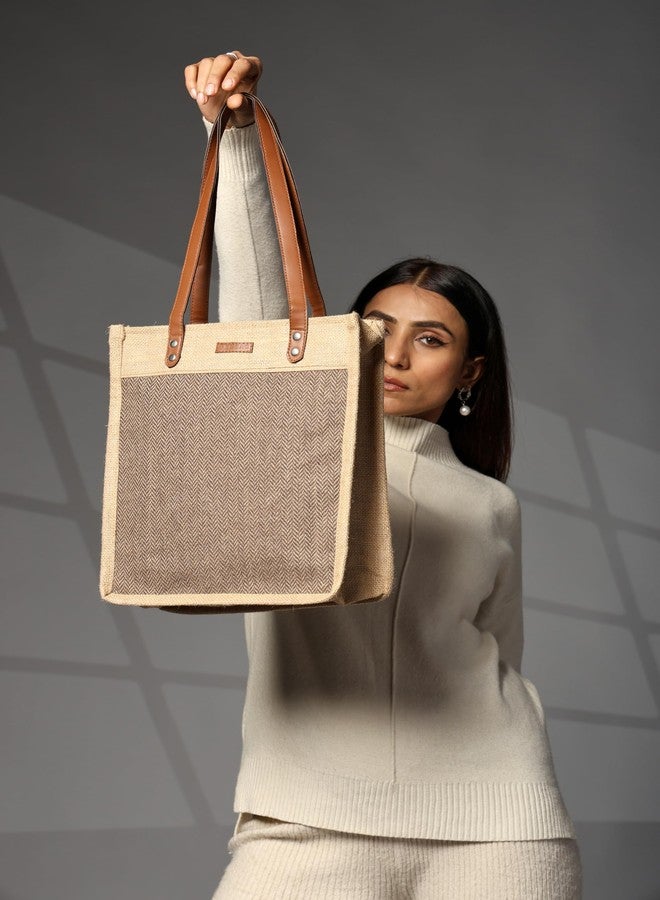 ENSAC Premium Cotton Tote Bag for Women, Stylish Handbag for women with Zip Closure | Fit for Office Bag, College, Travel Use | Handcrafted in India (Cutwork-tote-big) (HARRINGBONE-BROWN) - Image 2